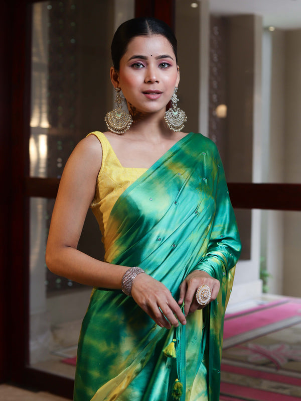 Banarasee Handloom Satin Hand Dyed Shibori Pattern Saree With Mirror Work-Green & Yellow