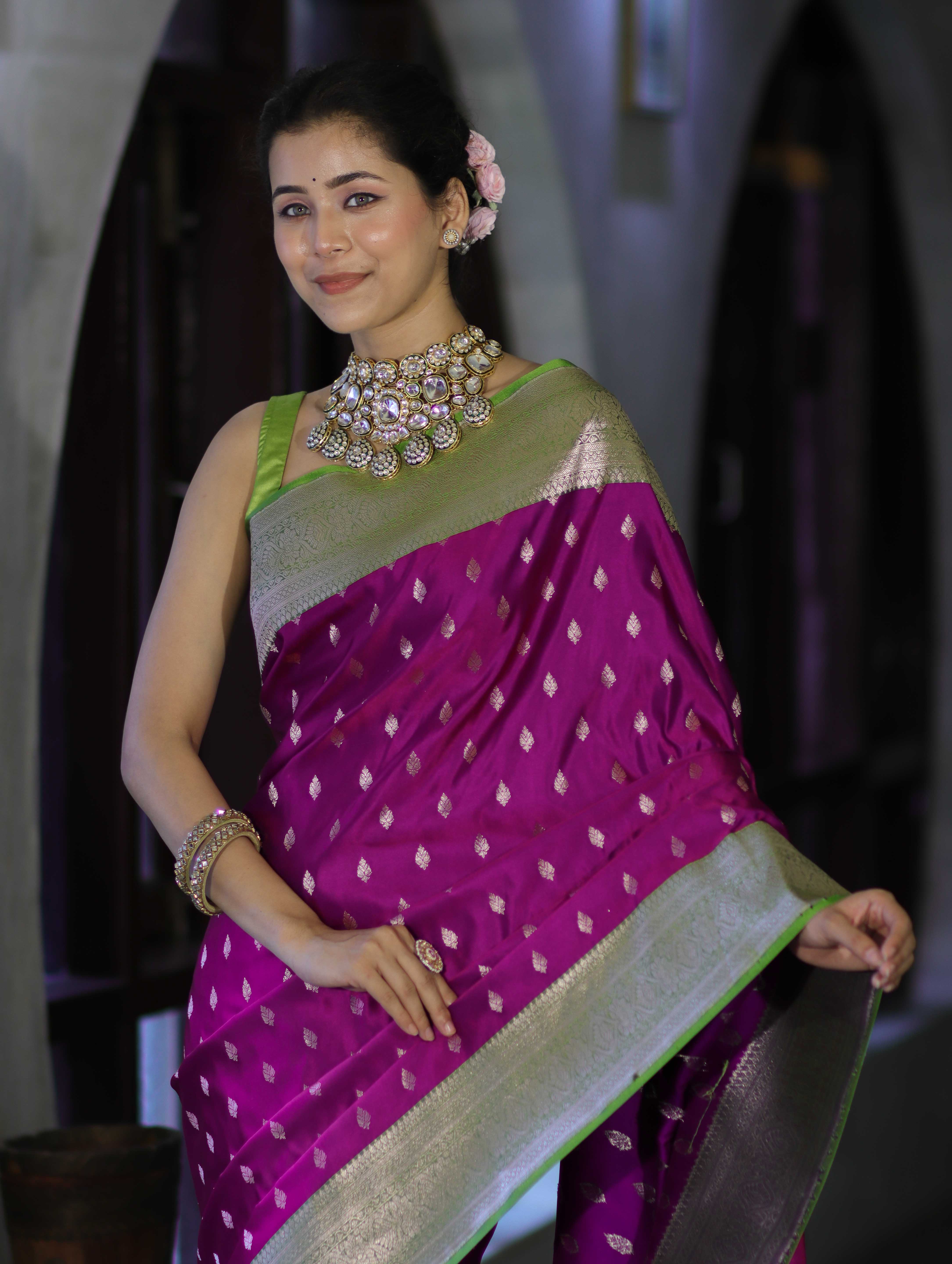 Banarasee Handloom Semi Katan Saree With Zari Buti Design & Contrast Border-Magenta & Green