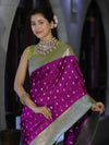 Banarasee Handloom Semi Katan Saree With Zari Buti Design & Contrast Border-Magenta & Green