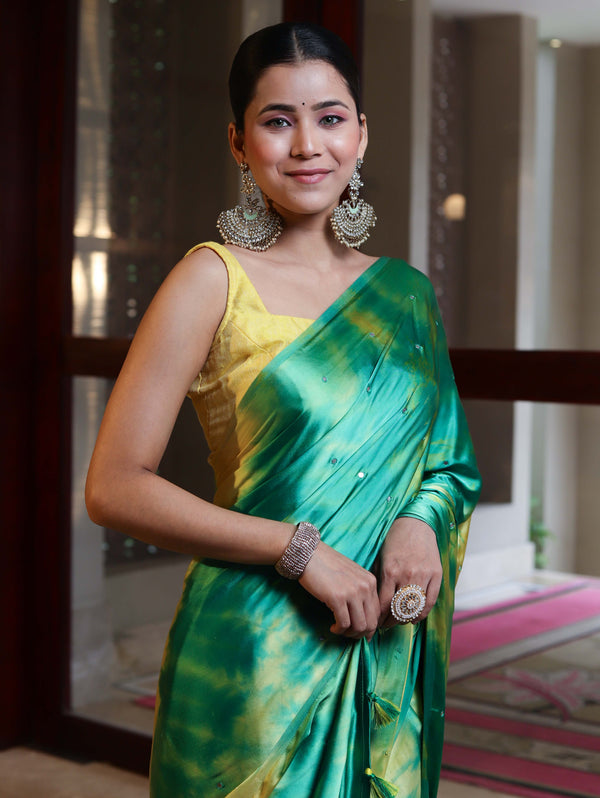 Banarasee Handloom Satin Hand Dyed Shibori Pattern Saree With Mirror Work-Green & Yellow