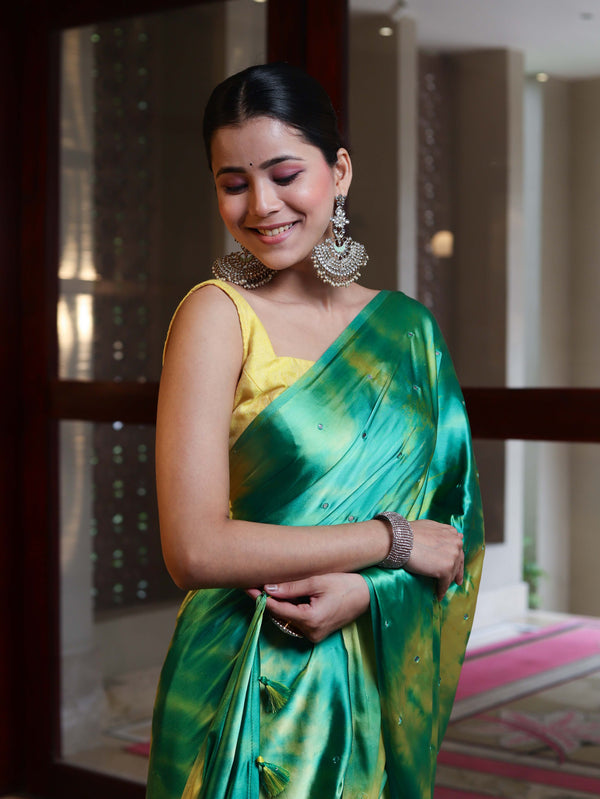 Banarasee Handloom Satin Hand Dyed Shibori Pattern Saree With Mirror Work-Green & Yellow