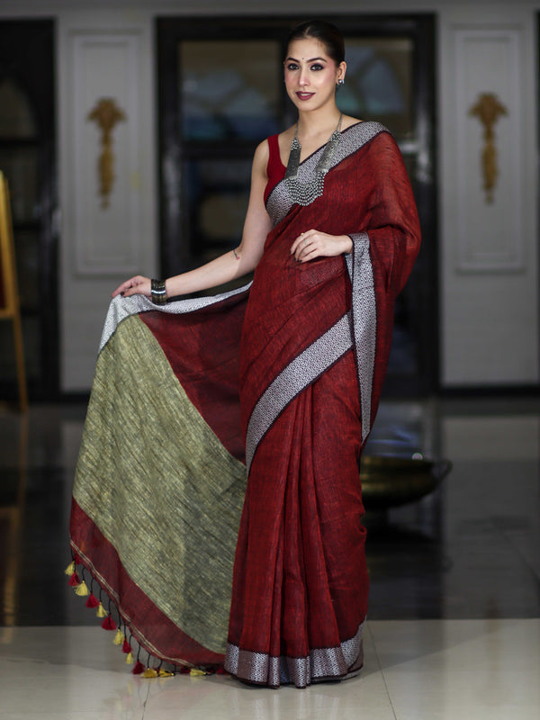 Bhagalpur Handloom Pure Linen Cotton Saree With Resham Embroidered Border-Maroon