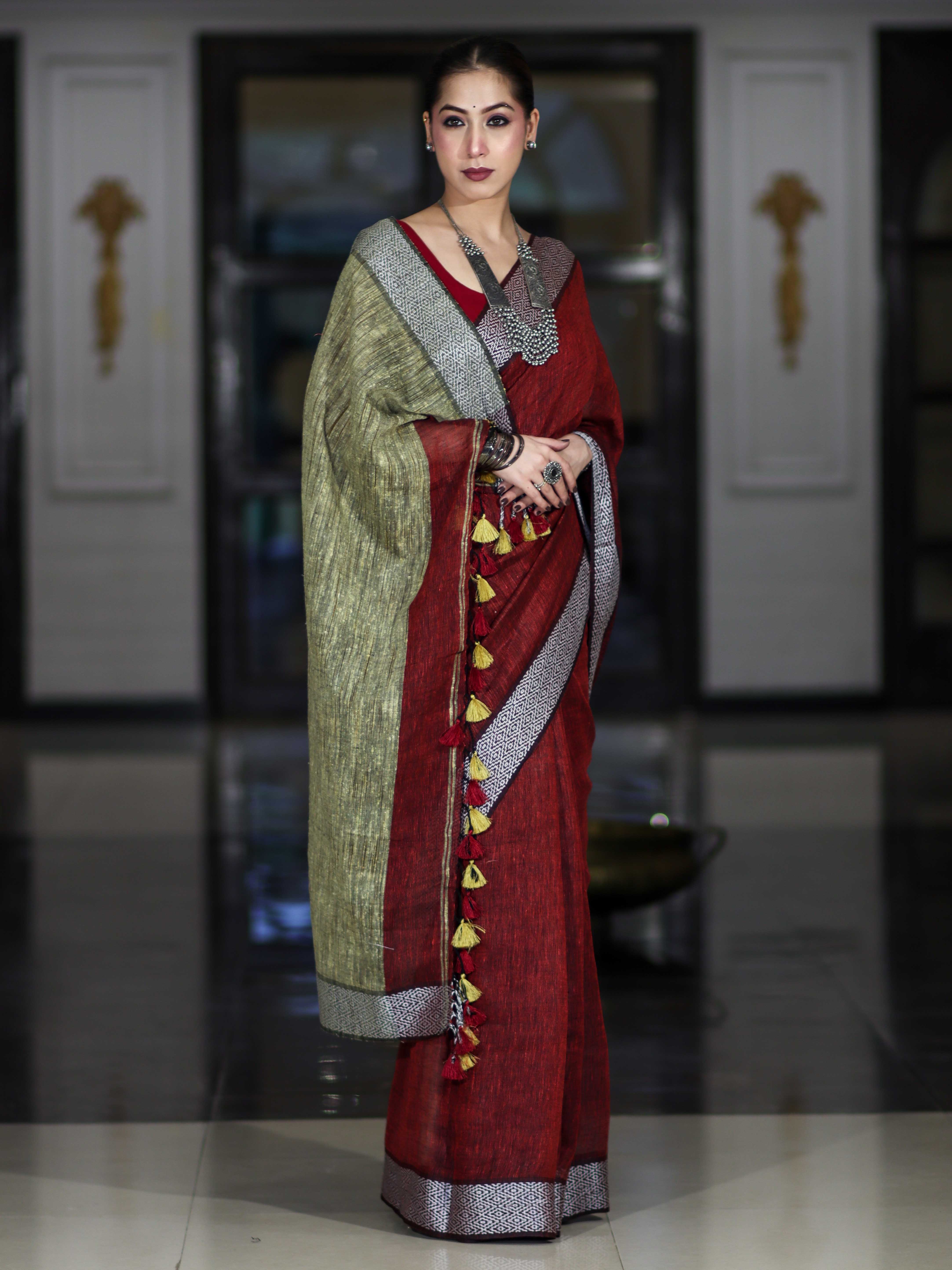 Bhagalpur Handloom Pure Linen Cotton Saree With Resham Embroidered Border-Maroon