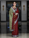 Bhagalpur Handloom Pure Linen Cotton Saree With Resham Embroidered Border-Maroon