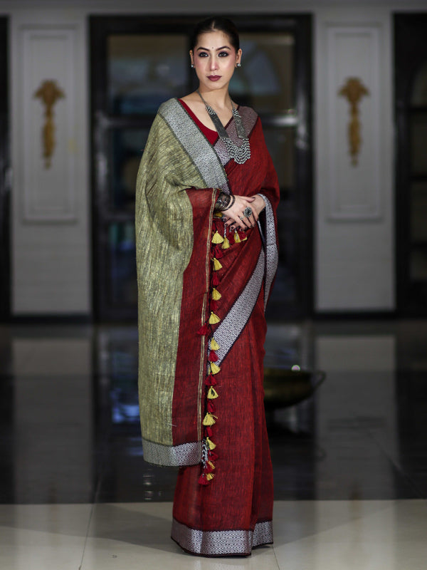 Bhagalpur Handloom Pure Linen Cotton Saree With Resham Embroidered Border-Maroon