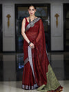 Bhagalpur Handloom Pure Linen Cotton Saree With Resham Embroidered Border-Maroon