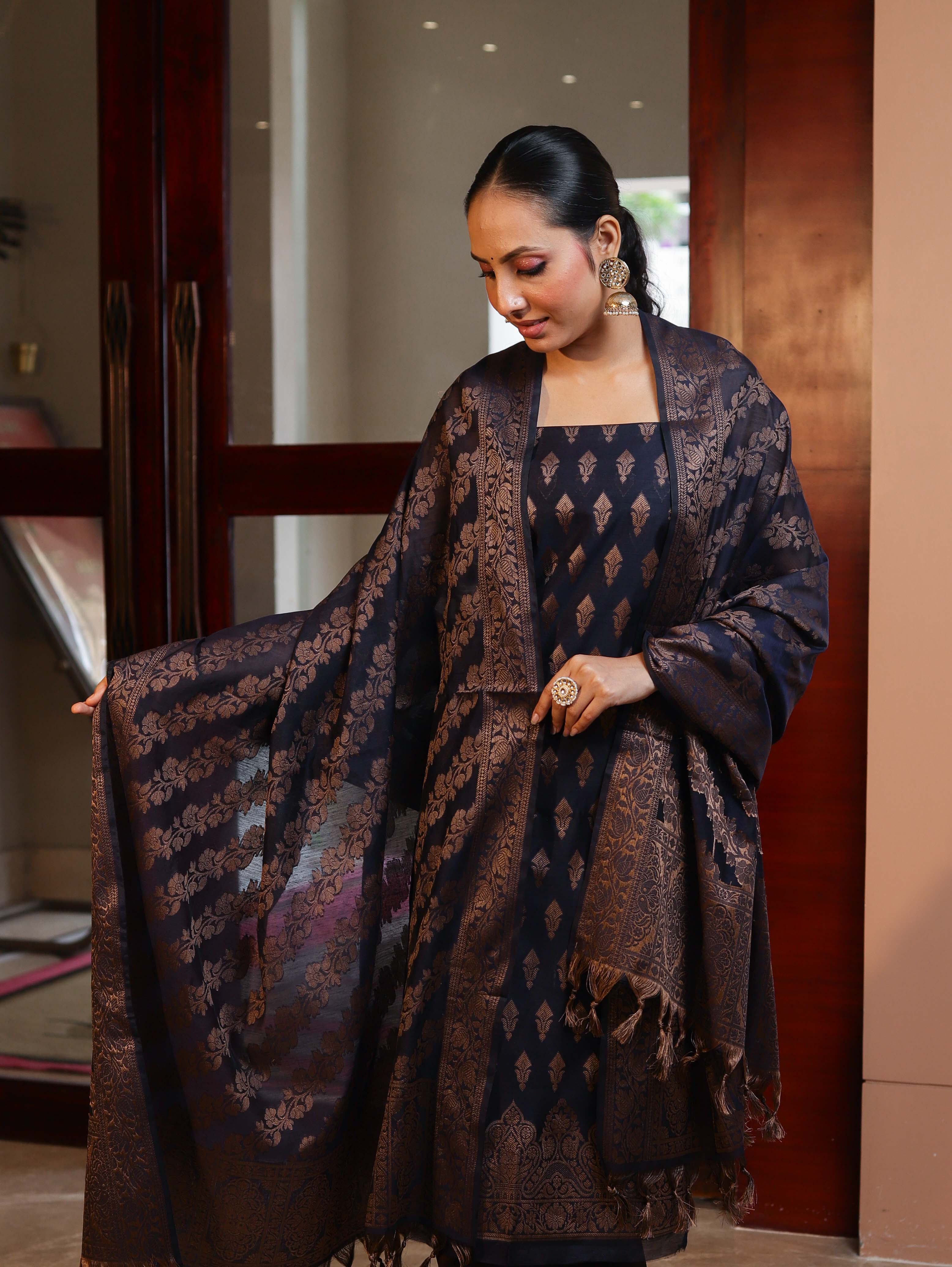 Banarasee Cotton Silk Resham Work Salwar Kameez Fabric With Dupatta Set-Navy Blue