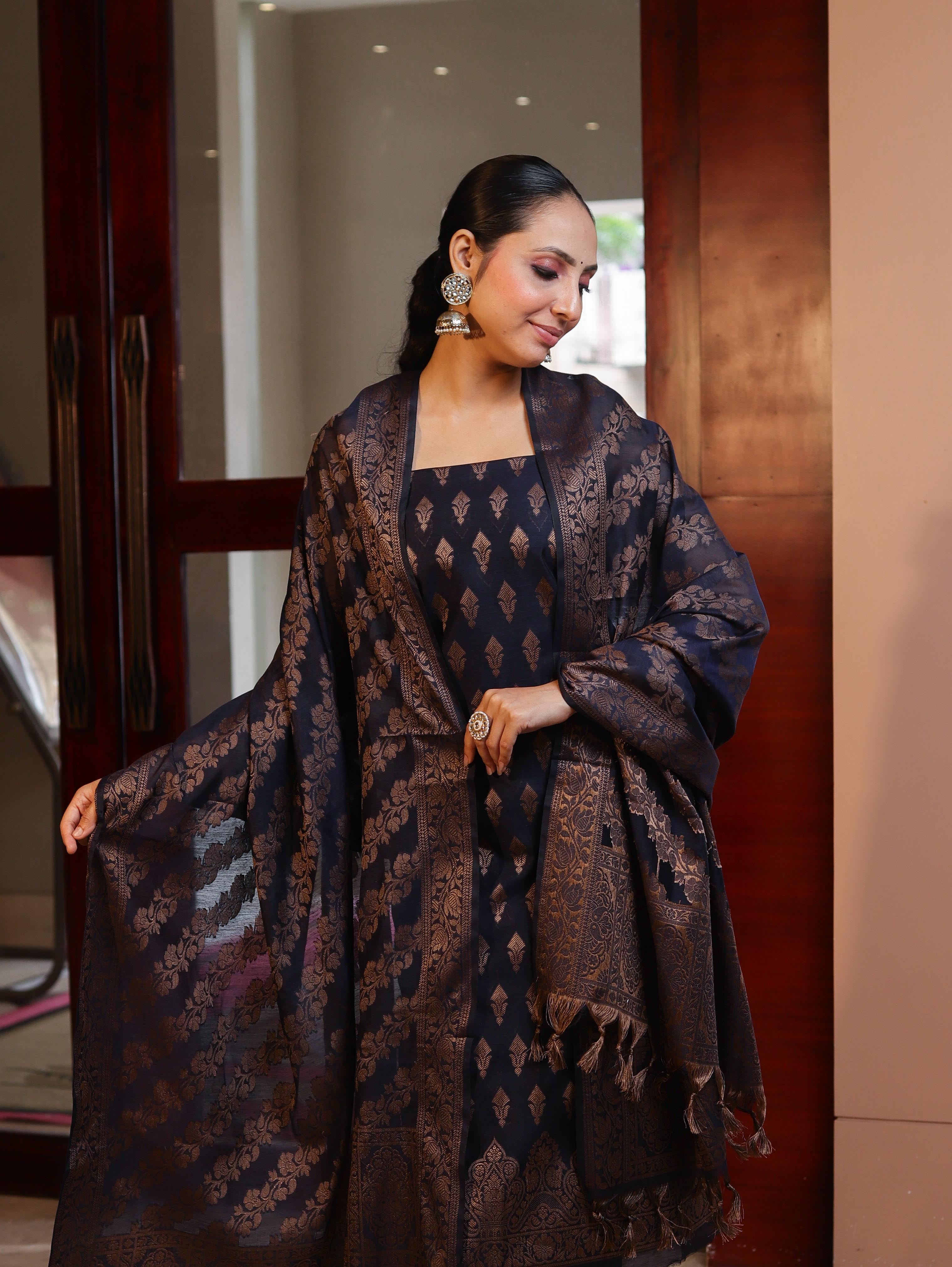 Banarasee Cotton Silk Resham Work Salwar Kameez Fabric With Dupatta Set-Navy Blue
