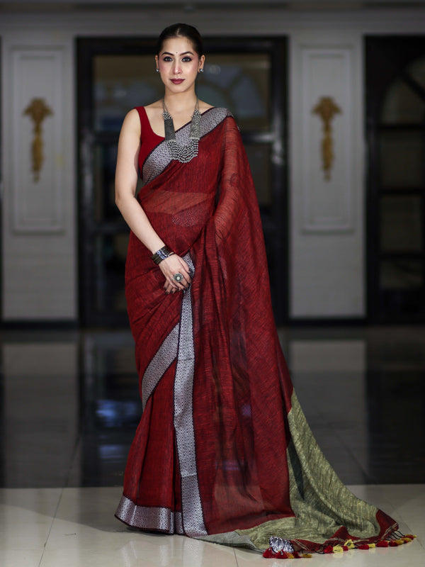 Bhagalpur Handloom Pure Linen Cotton Saree With Resham Embroidered Border-Maroon