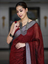 Bhagalpur Handloom Pure Linen Cotton Saree With Resham Embroidered Border-Maroon