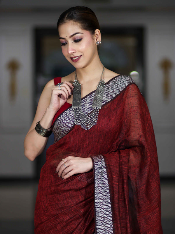 Bhagalpur Handloom Pure Linen Cotton Saree With Resham Embroidered Border-Maroon