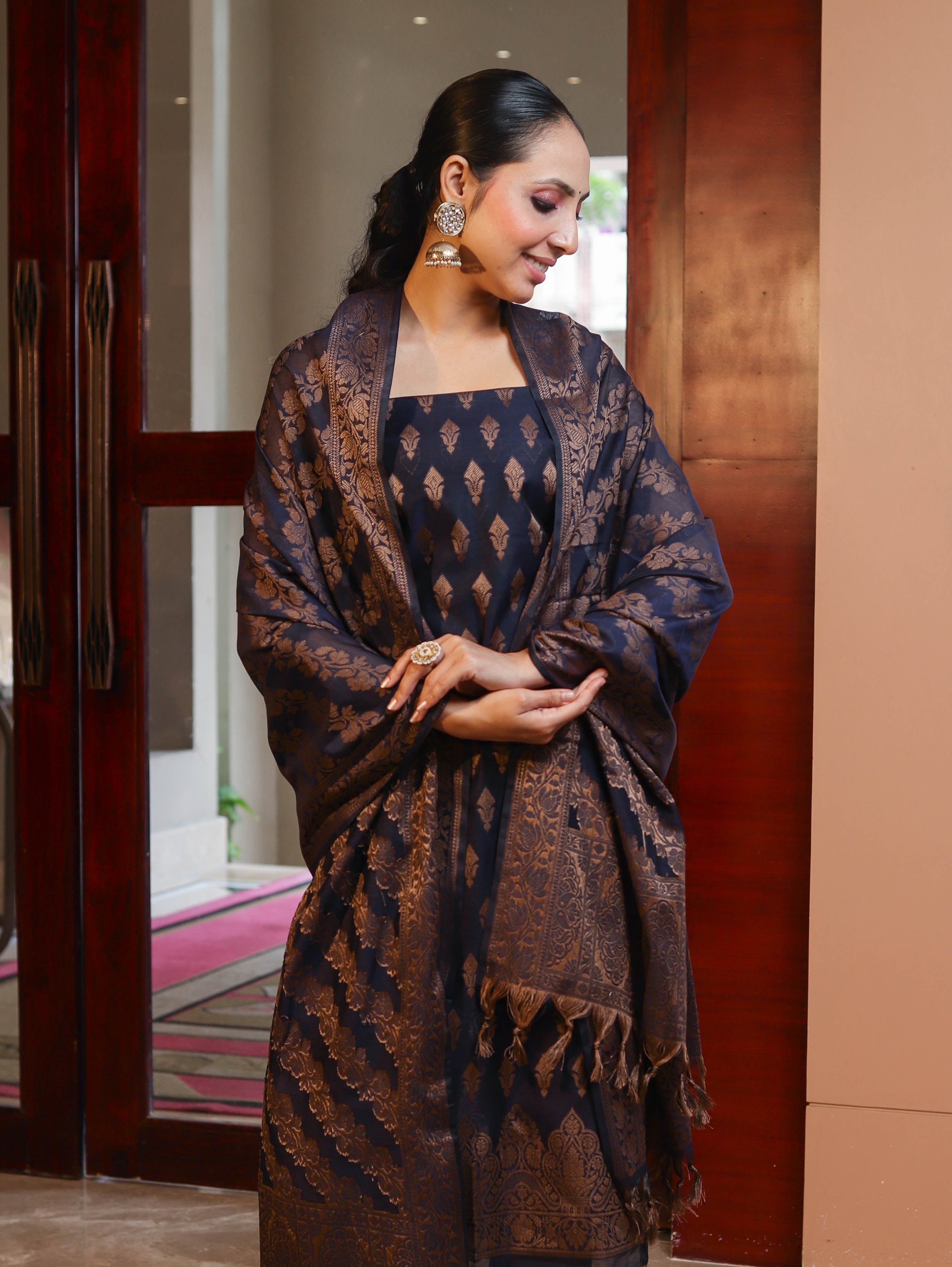 Banarasee Cotton Silk Resham Work Salwar Kameez Fabric With Dupatta Set-Navy Blue