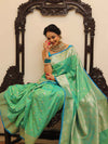 Banarasee Handwoven Semi-Katan Tanchoi Weaving Floral Border Saree-Green