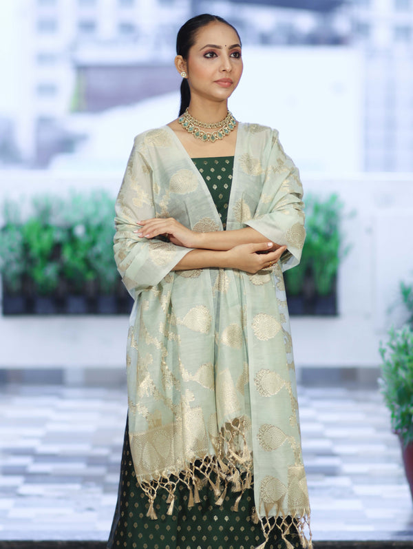 Banarasee Cotton Silk Zari Buti Salwar Kameez Fabric With Contrast Dupatta Set-Bottle Green & Mint Green