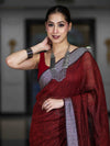 Bhagalpur Handloom Pure Linen Cotton Saree With Resham Embroidered Border-Maroon