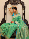 Banarasee Handwoven Semi-Katan Tanchoi Weaving Floral Border Saree-Green