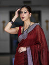Bhagalpur Handloom Pure Linen Cotton Saree With Resham Embroidered Border-Maroon