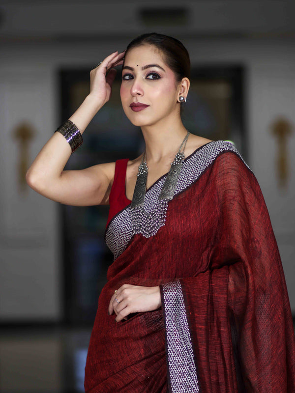 Bhagalpur Handloom Pure Linen Cotton Saree With Resham Embroidered Border-Maroon