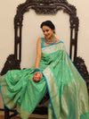 Banarasee Handwoven Semi-Katan Tanchoi Weaving Floral Border Saree-Green