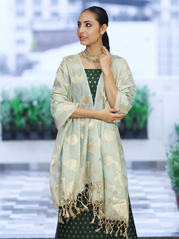Banarasee Cotton Silk Zari Buti Salwar Kameez Fabric With Contrast Dupatta Set-Bottle Green & Mint Green