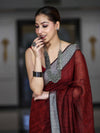 Bhagalpur Handloom Pure Linen Cotton Saree With Resham Embroidered Border-Maroon