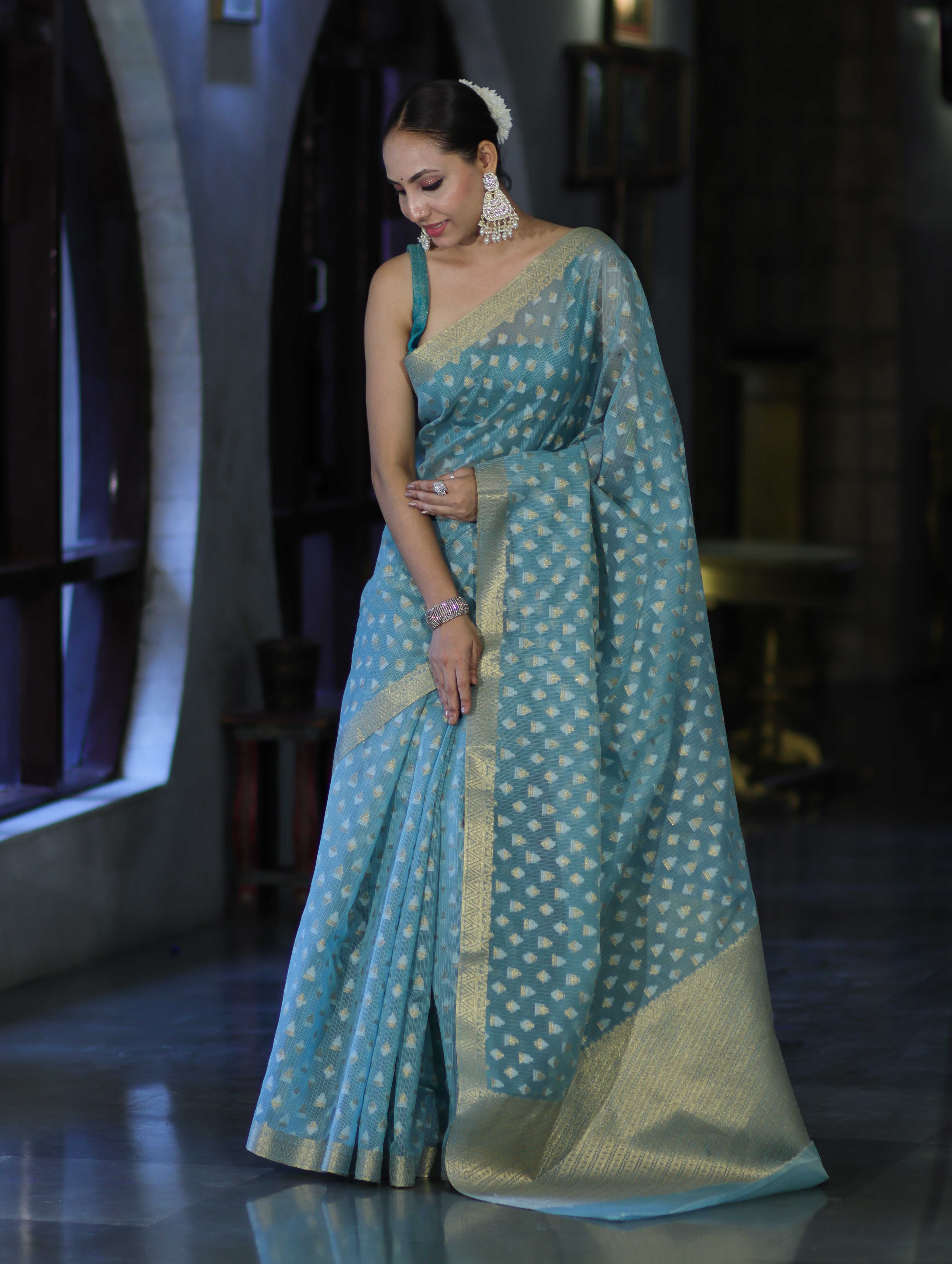 Banarasee Handloom Cotton Silk Saree With Zari & Resham Work-Light Blue