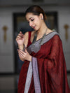 Bhagalpur Handloom Pure Linen Cotton Saree With Resham Embroidered Border-Maroon