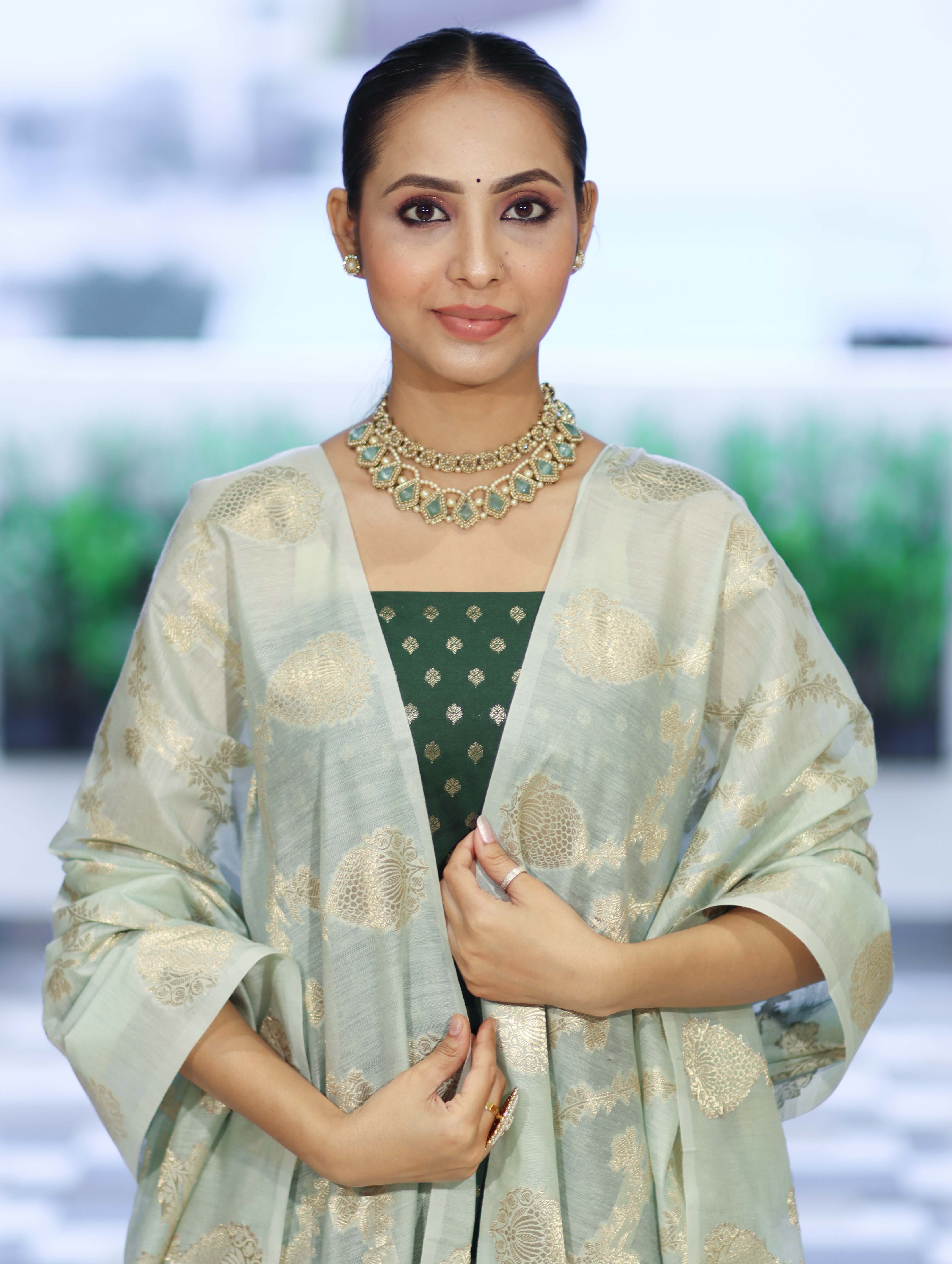 Banarasee Cotton Silk Zari Buti Salwar Kameez Fabric With Contrast Dupatta Set-Bottle Green & Mint Green