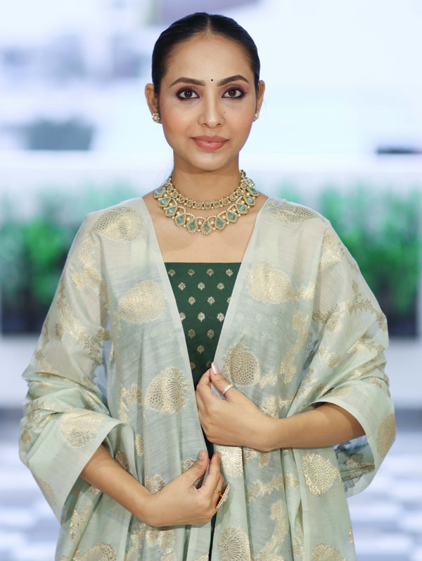 Banarasee Cotton Silk Zari Buti Salwar Kameez Fabric With Contrast Dupatta Set-Bottle Green & Mint Green