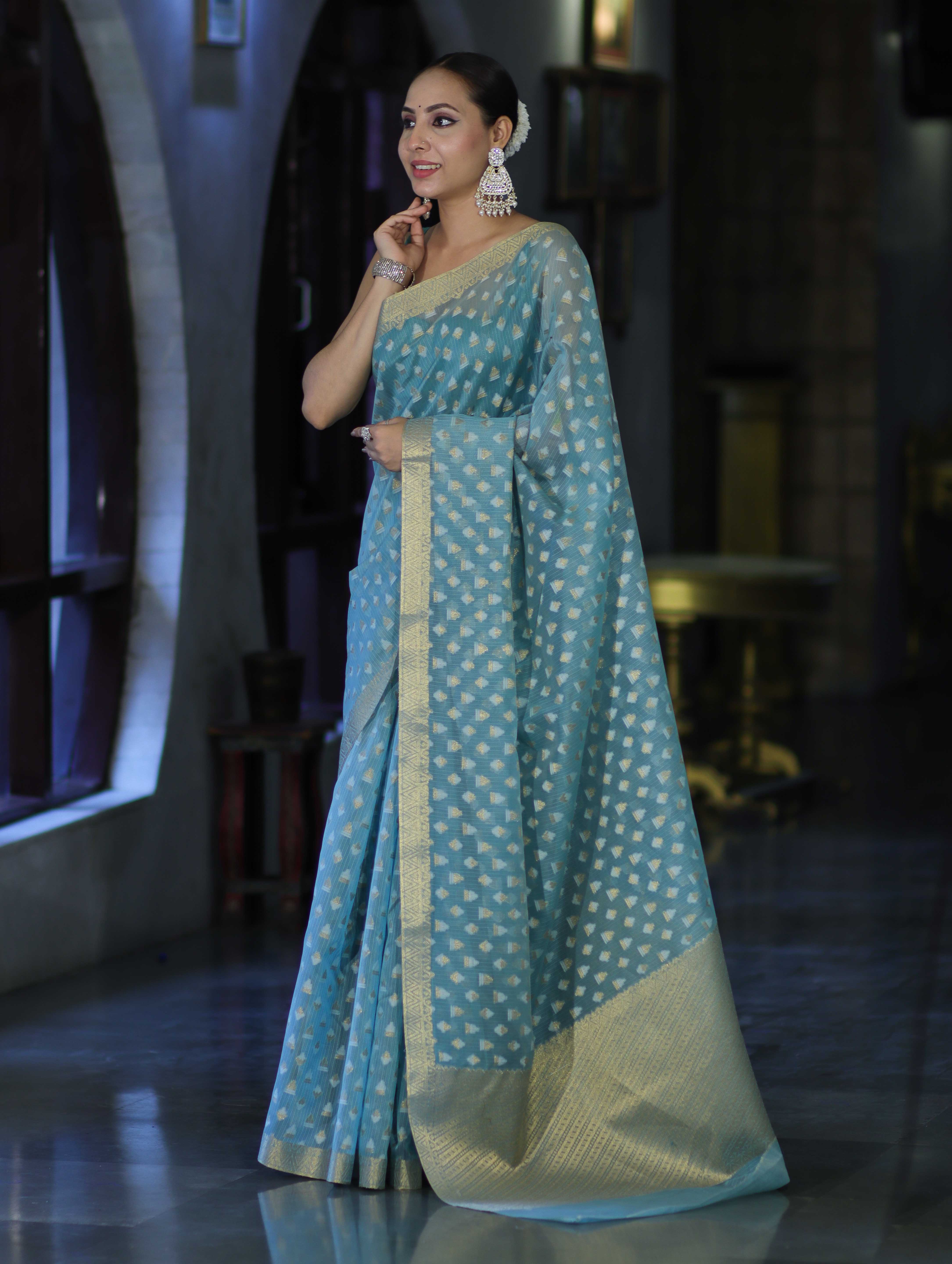 Banarasee Handloom Cotton Silk Saree With Zari & Resham Work-Light Blue