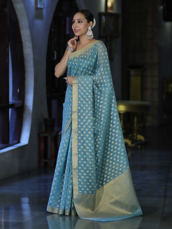 Banarasee Handloom Cotton Silk Saree With Zari & Resham Work-Light Blue