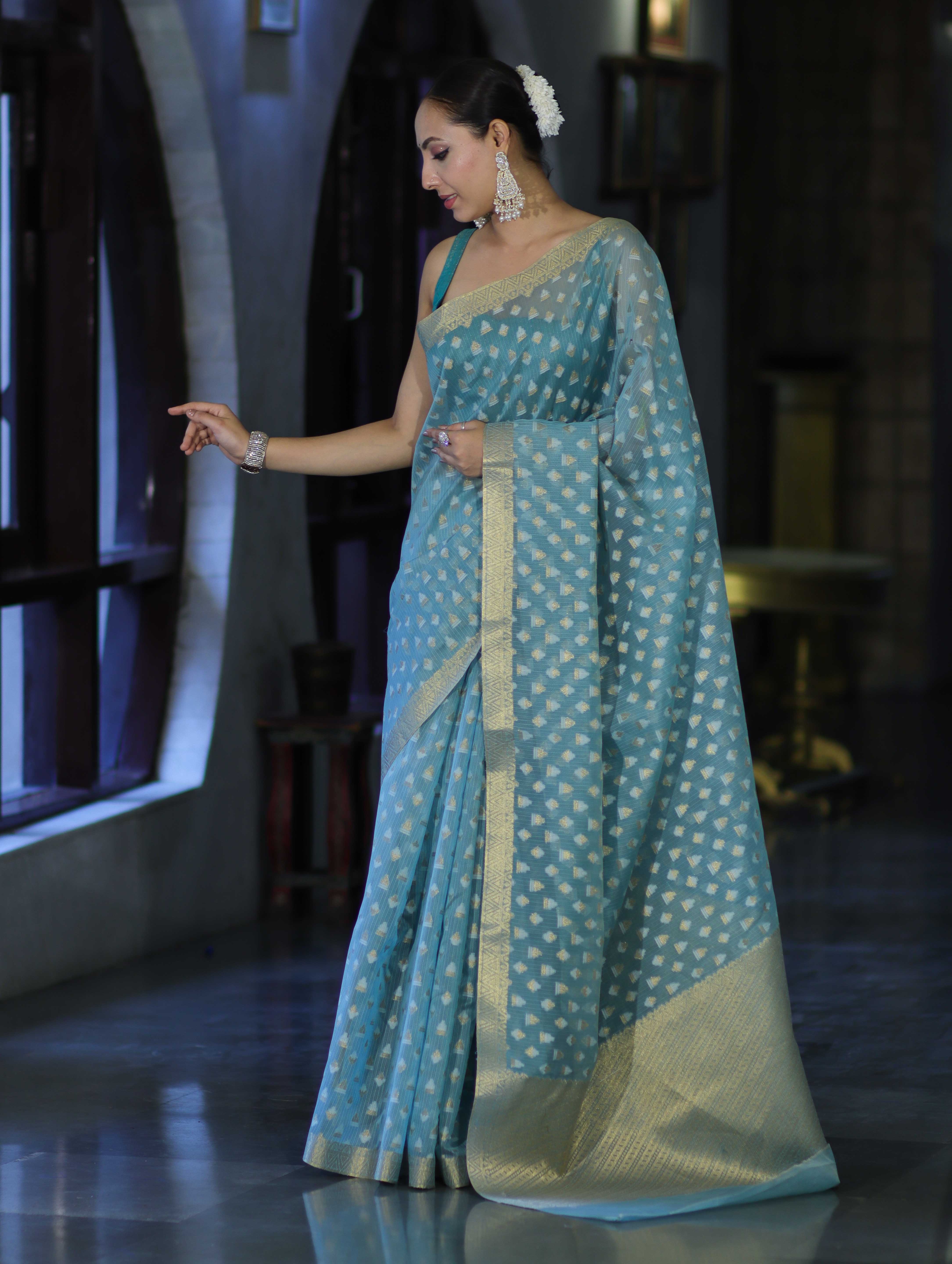 Banarasee Handloom Cotton Silk Saree With Zari & Resham Work-Light Blue