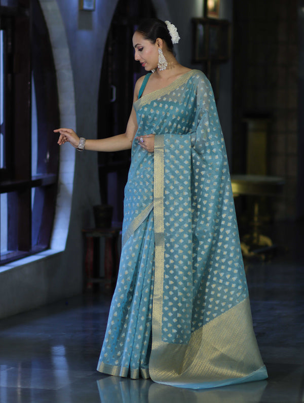 Banarasee Handloom Cotton Silk Saree With Zari & Resham Work-Light Blue