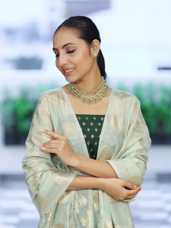Banarasee Cotton Silk Zari Buti Salwar Kameez Fabric With Contrast Dupatta Set-Bottle Green & Mint Green