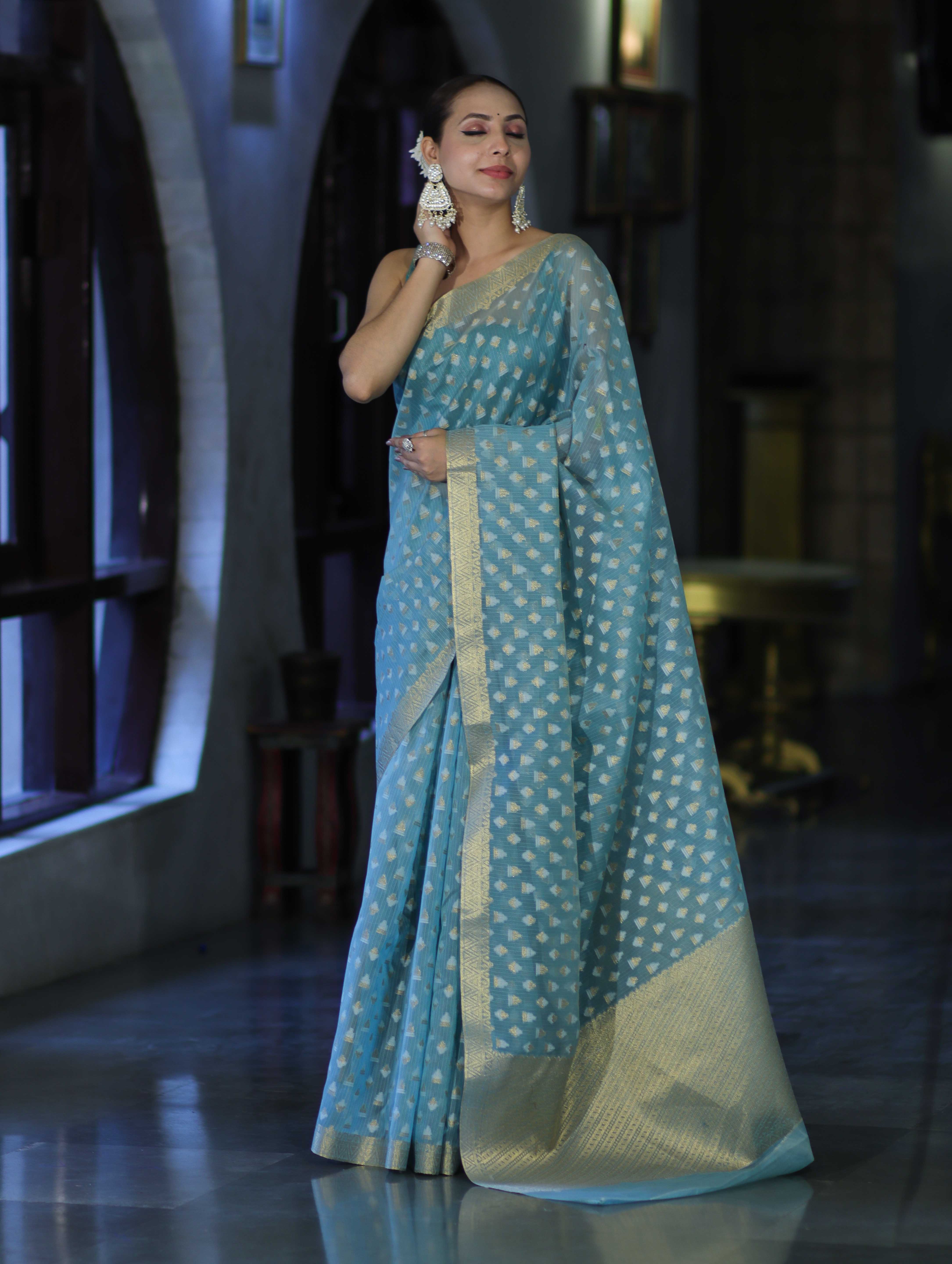 Banarasee Handloom Cotton Silk Saree With Zari & Resham Work-Light Blue