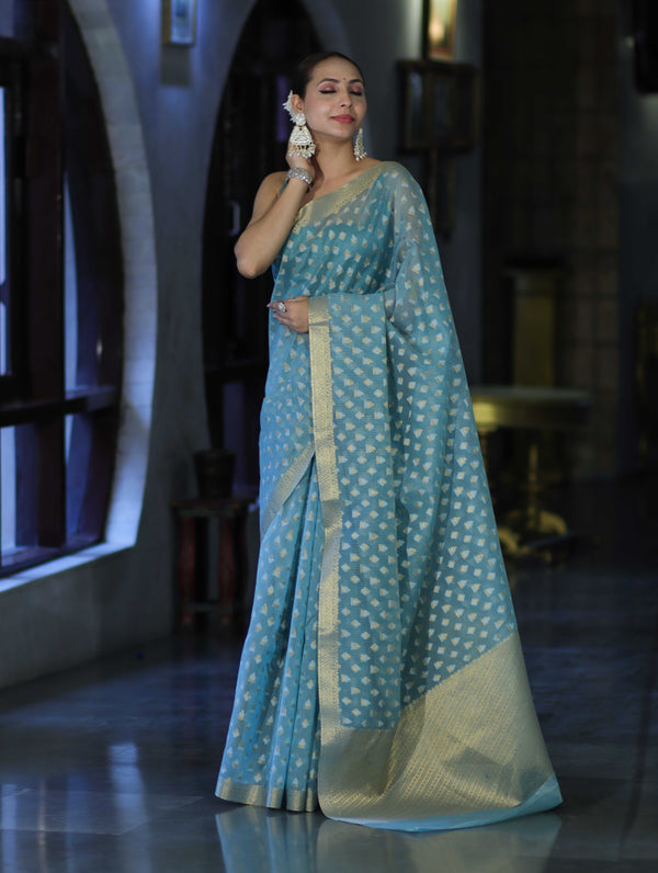 Banarasee Handloom Cotton Silk Saree With Zari & Resham Work-Light Blue