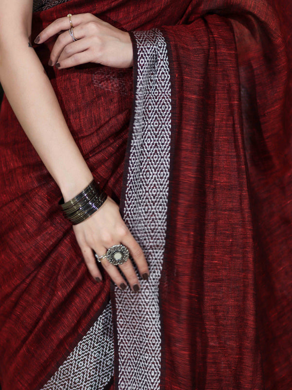 Bhagalpur Handloom Pure Linen Cotton Saree With Resham Embroidered Border-Maroon