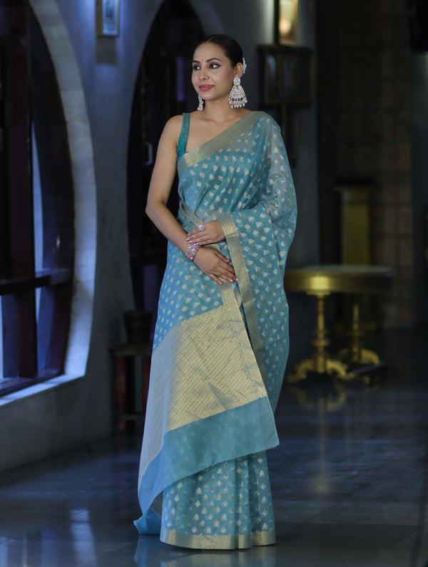 Banarasee Handloom Cotton Silk Saree With Zari & Resham Work-Light Blue