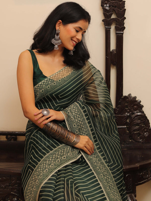 Banarasee Mix Organza printed Saree-Green