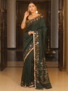Banarasee Handwoven Semi Silk Plain Saree With Zari Border & Lace-Green
