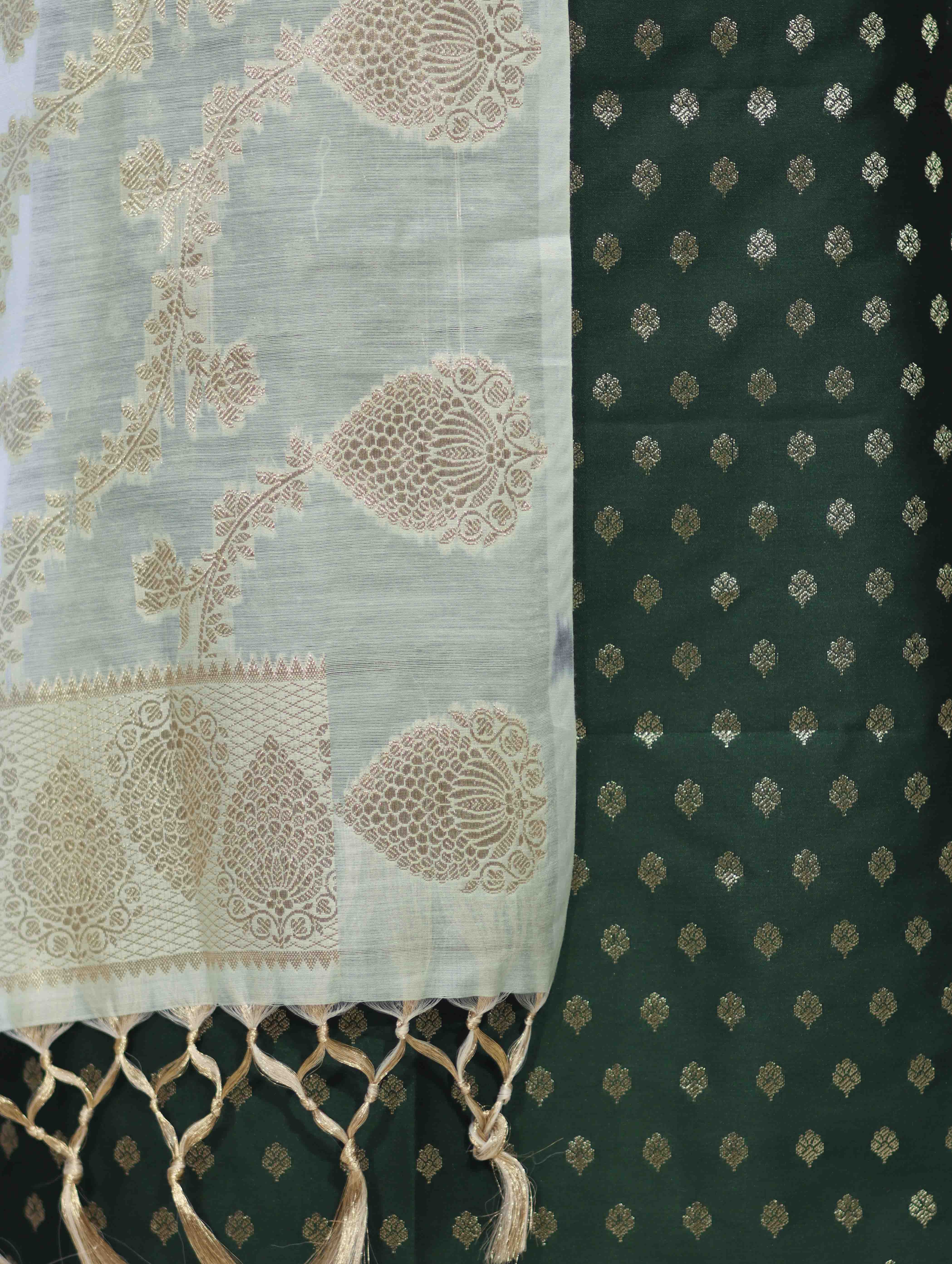 Banarasee Cotton Silk Zari Buti Salwar Kameez Fabric With Contrast Dupatta Set-Bottle Green & Mint Green
