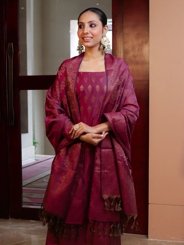 Banarasee Cotton Silk Resham Work Salwar Kameez Fabric With Dupatta Set-Magenta