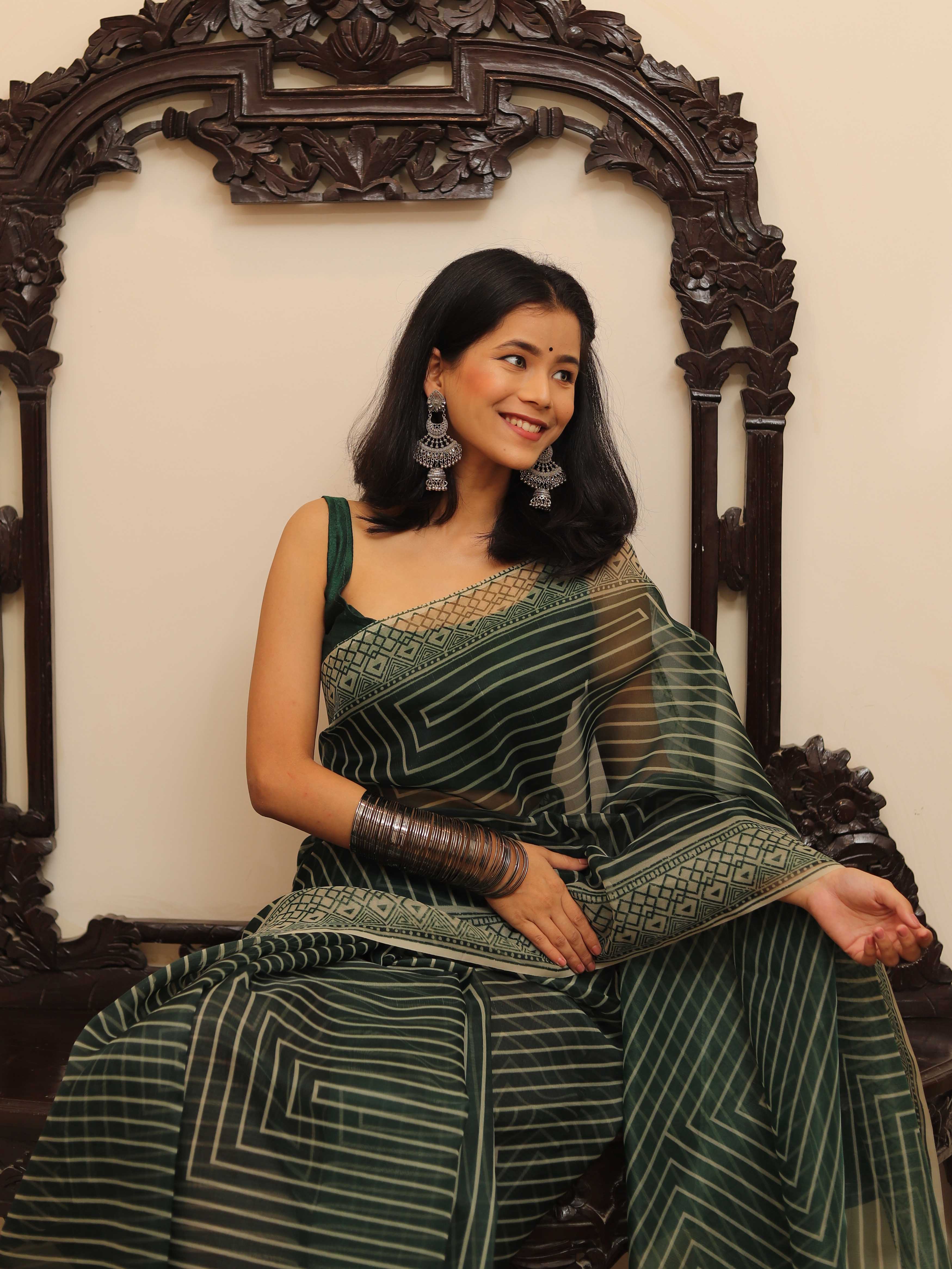 Banarasee Mix Organza printed Saree-Green