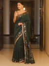 Banarasee Handwoven Semi Silk Plain Saree With Zari Border & Lace-Green