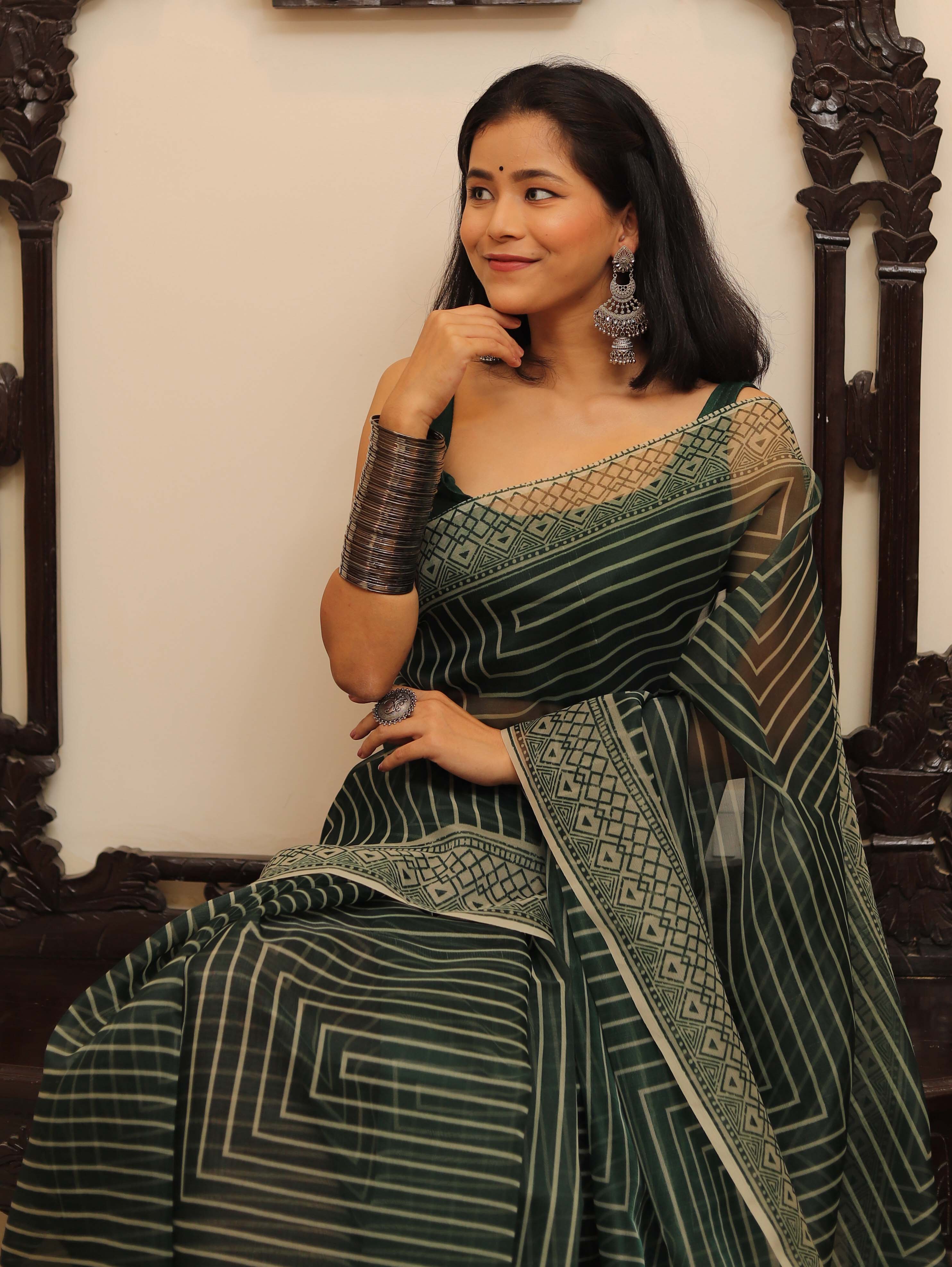Banarasee Mix Organza printed Saree-Green