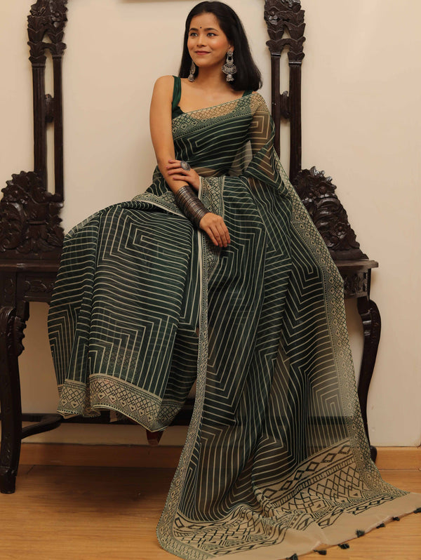 Banarasee Mix Organza printed Saree-Green