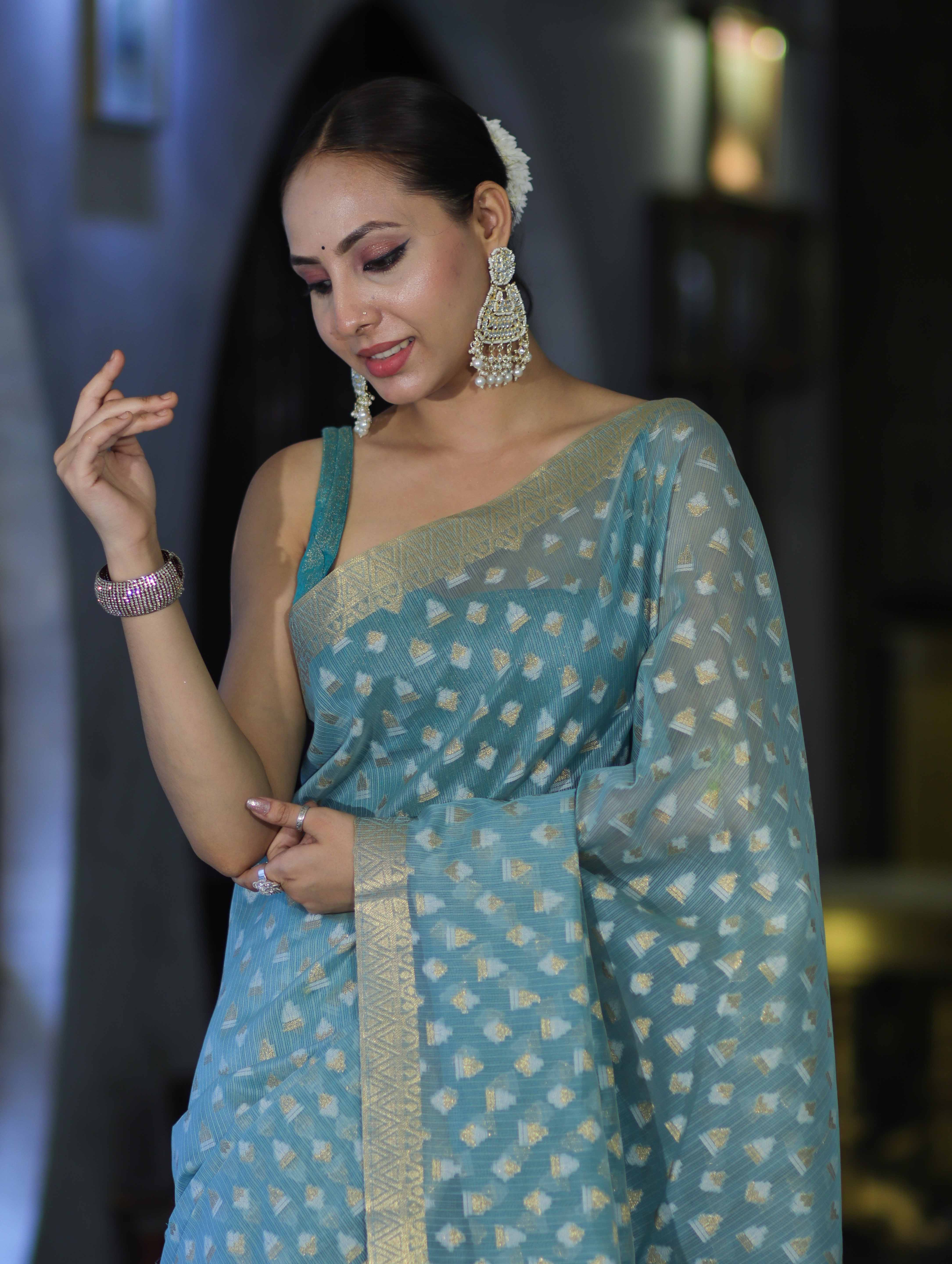 Banarasee Handloom Cotton Silk Saree With Zari & Resham Work-Light Blue