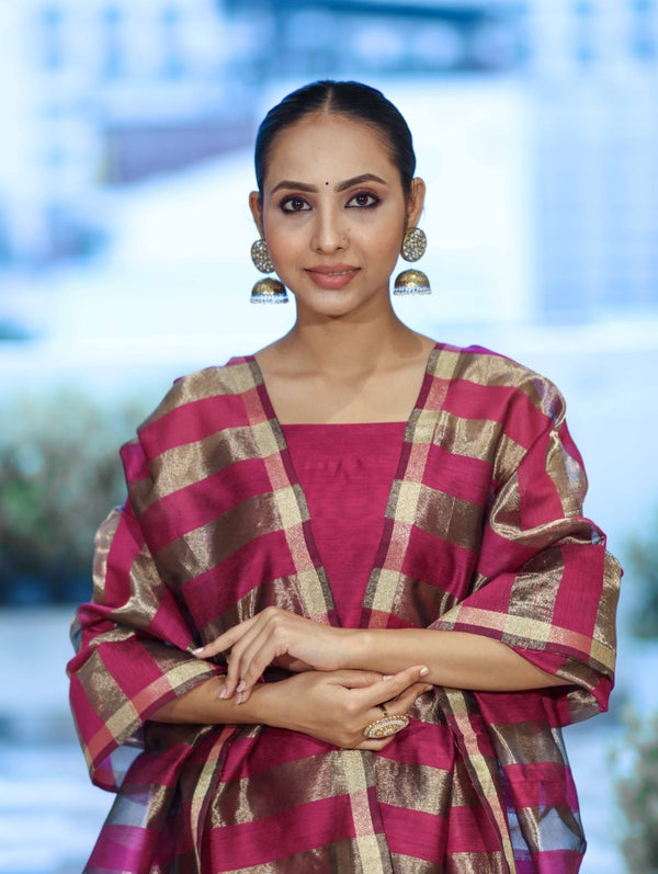Banarasee Cotton Silk Stripe Pattern Salwar Kameez Fabric With Dupatta Set-Magenta