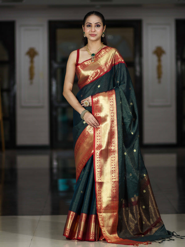 Banarasee Handloom Semi Silk Saree With Buti Design Stripe Pattern & Contrast Border-Green & Red