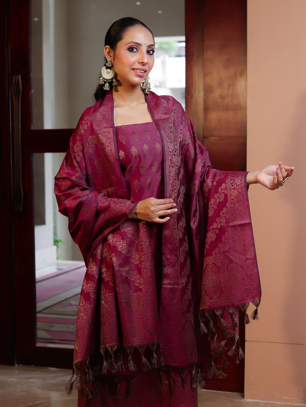 Banarasee Cotton Silk Resham Work Salwar Kameez Fabric With Dupatta Set-Magenta